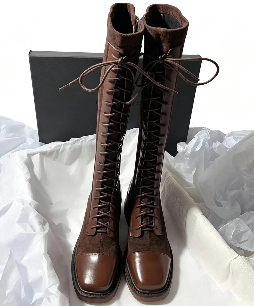 Brown Lace Up Splicing Chunky Cowhide Leather Knee Boots