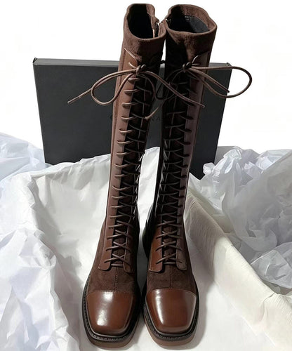 Brown Lace Up Splicing Chunky Cowhide Leather Knee Boots