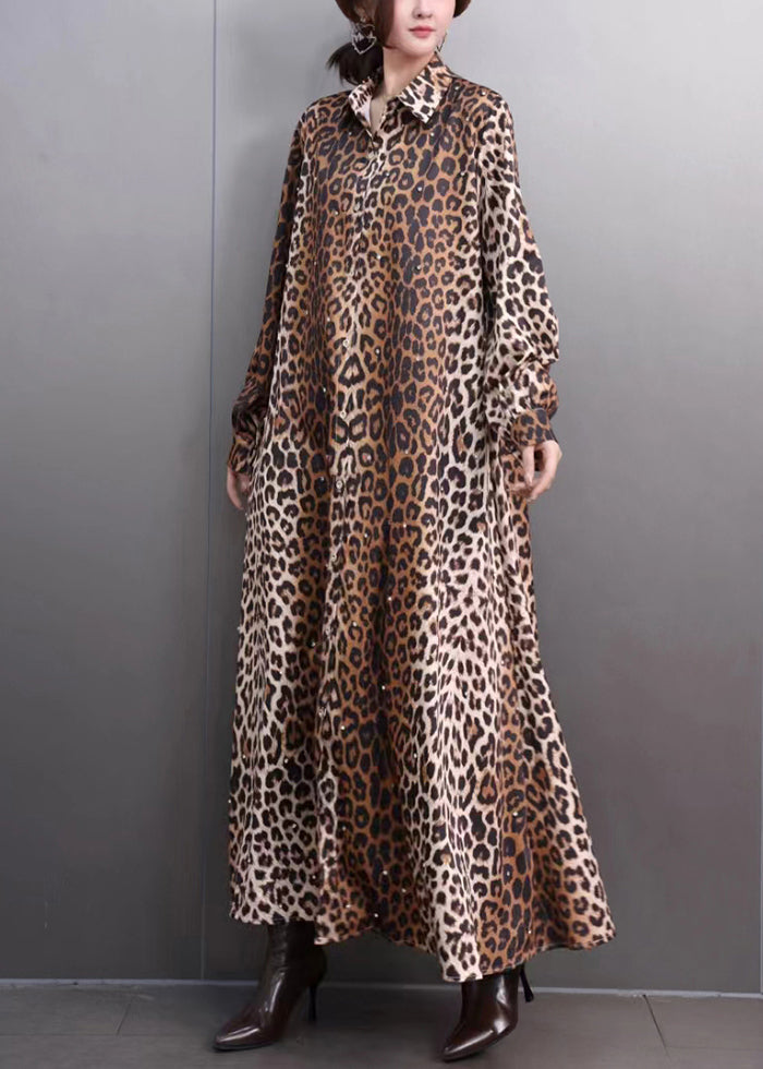 Brown Leopard Peter Pan Collar Long Dresses Peter Pan Collar Fall