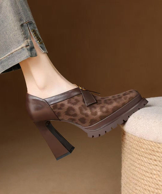 Brown Leopard Pointed Toe Platform Side Zipper Chunky High Heels