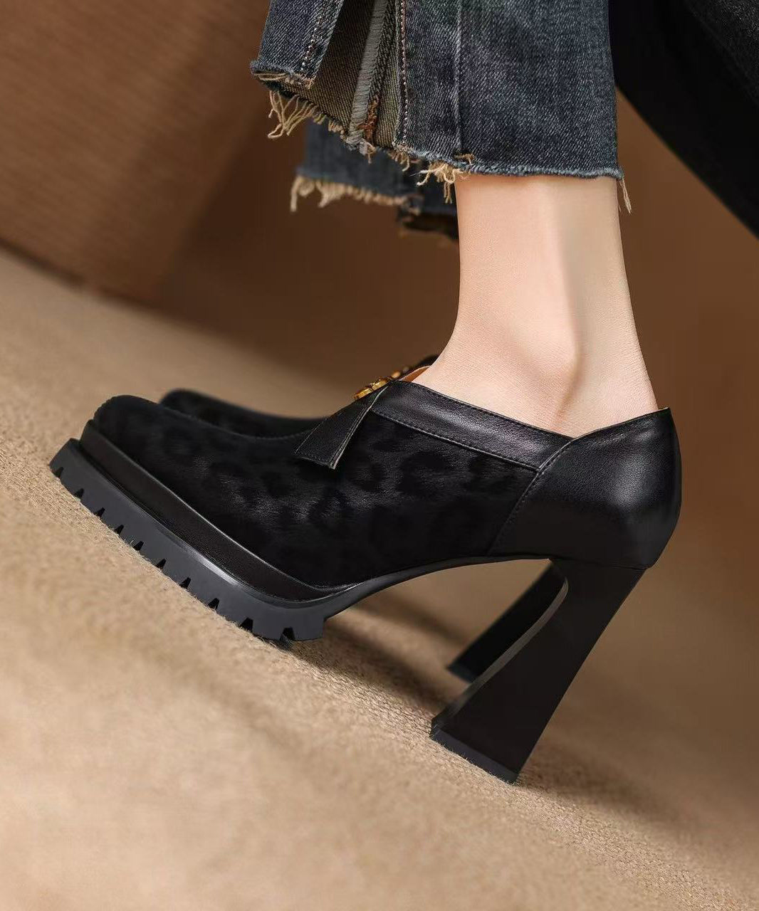 Brown Leopard Pointed Toe Platform Side Zipper Chunky High Heels