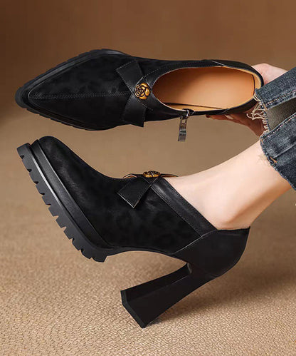Brown Leopard Pointed Toe Platform Side Zipper Chunky High Heels