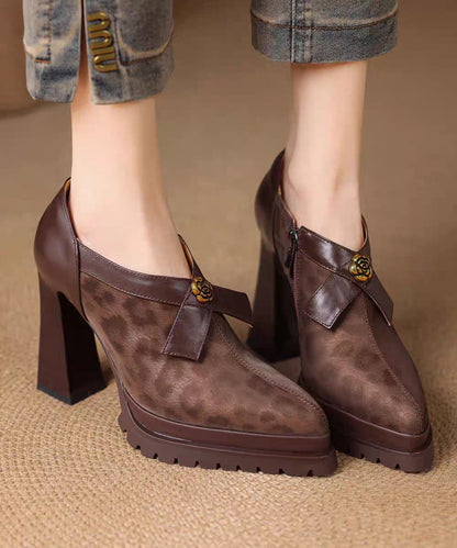Brown Leopard Pointed Toe Platform Side Zipper Chunky High Heels