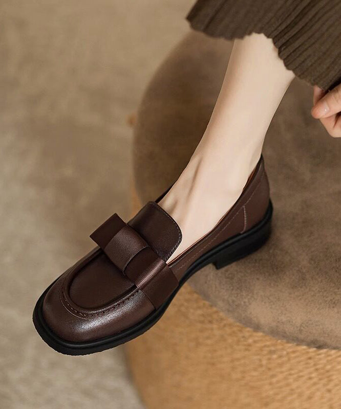 Brown Loafers Cowhide Leather Comfortable Splicing Bow