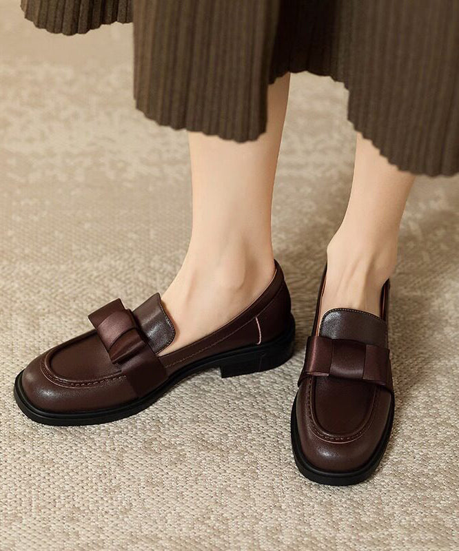 Brown Loafers Cowhide Leather Comfortable Splicing Bow