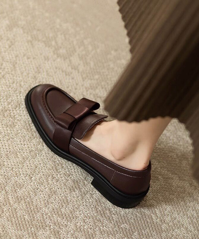 Brown Loafers Cowhide Leather Comfortable Splicing Bow