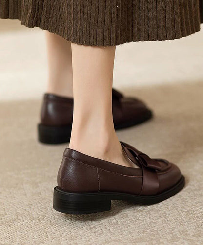 Brown Loafers Cowhide Leather Comfortable Splicing Bow