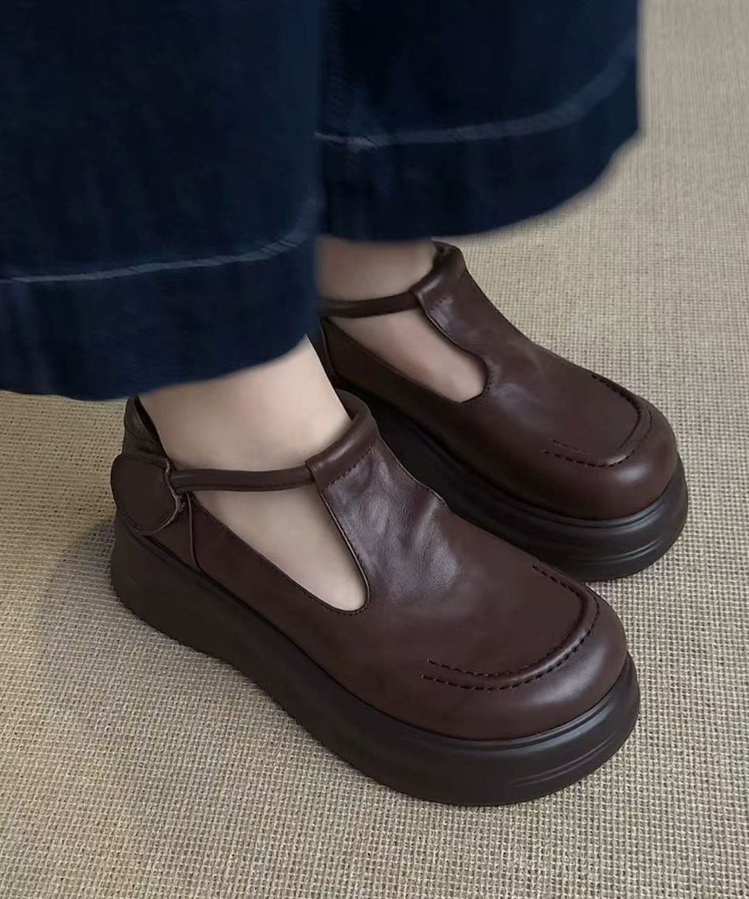 Brown Loafers Platform Faux Leather Art Buckle Strap Flat Feet Shoes