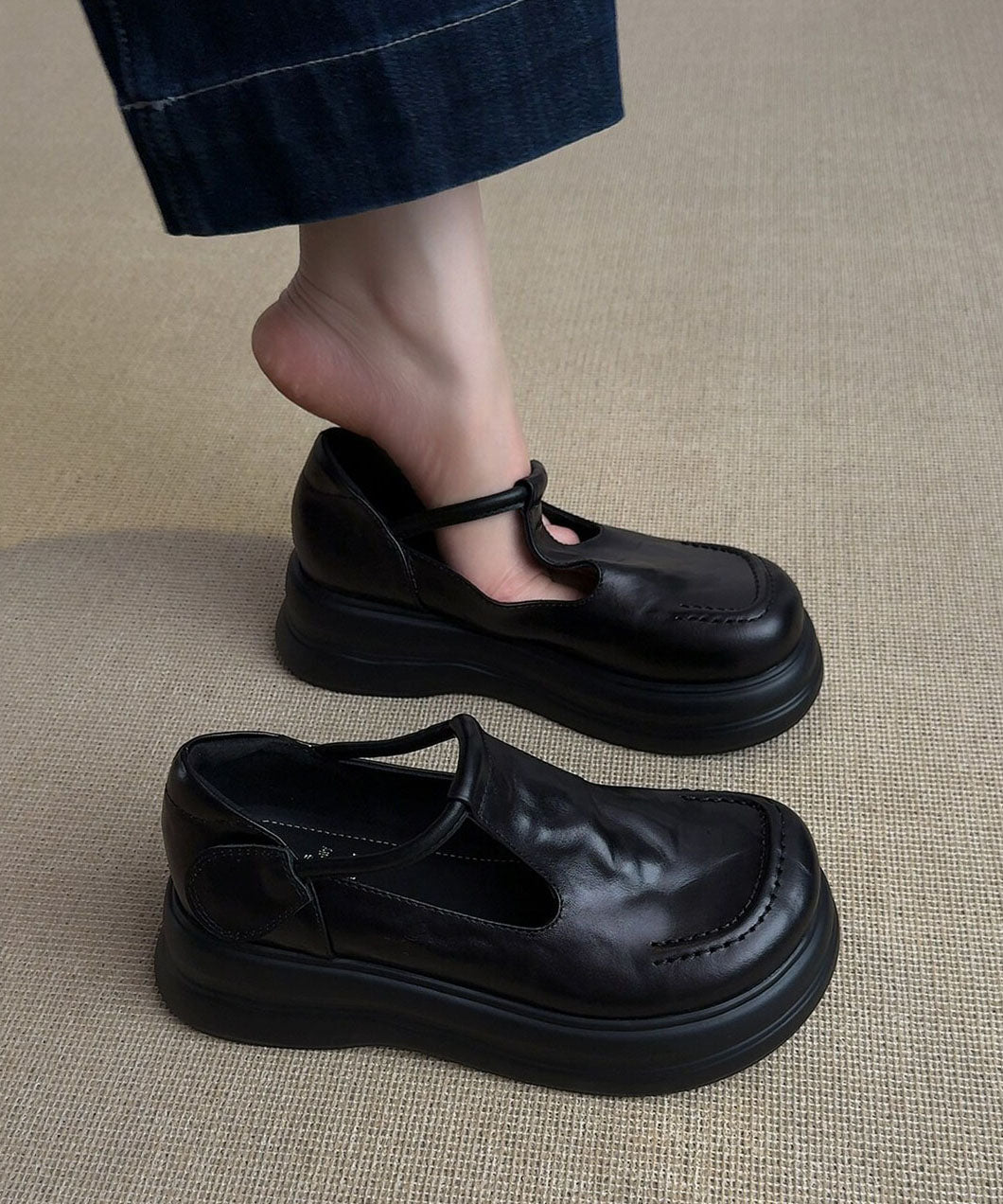Brown Loafers Platform Faux Leather Art Buckle Strap Flat Feet Shoes