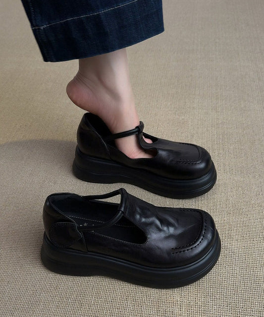 Brown Loafers Platform Faux Leather Art Buckle Strap Flat Feet Shoes