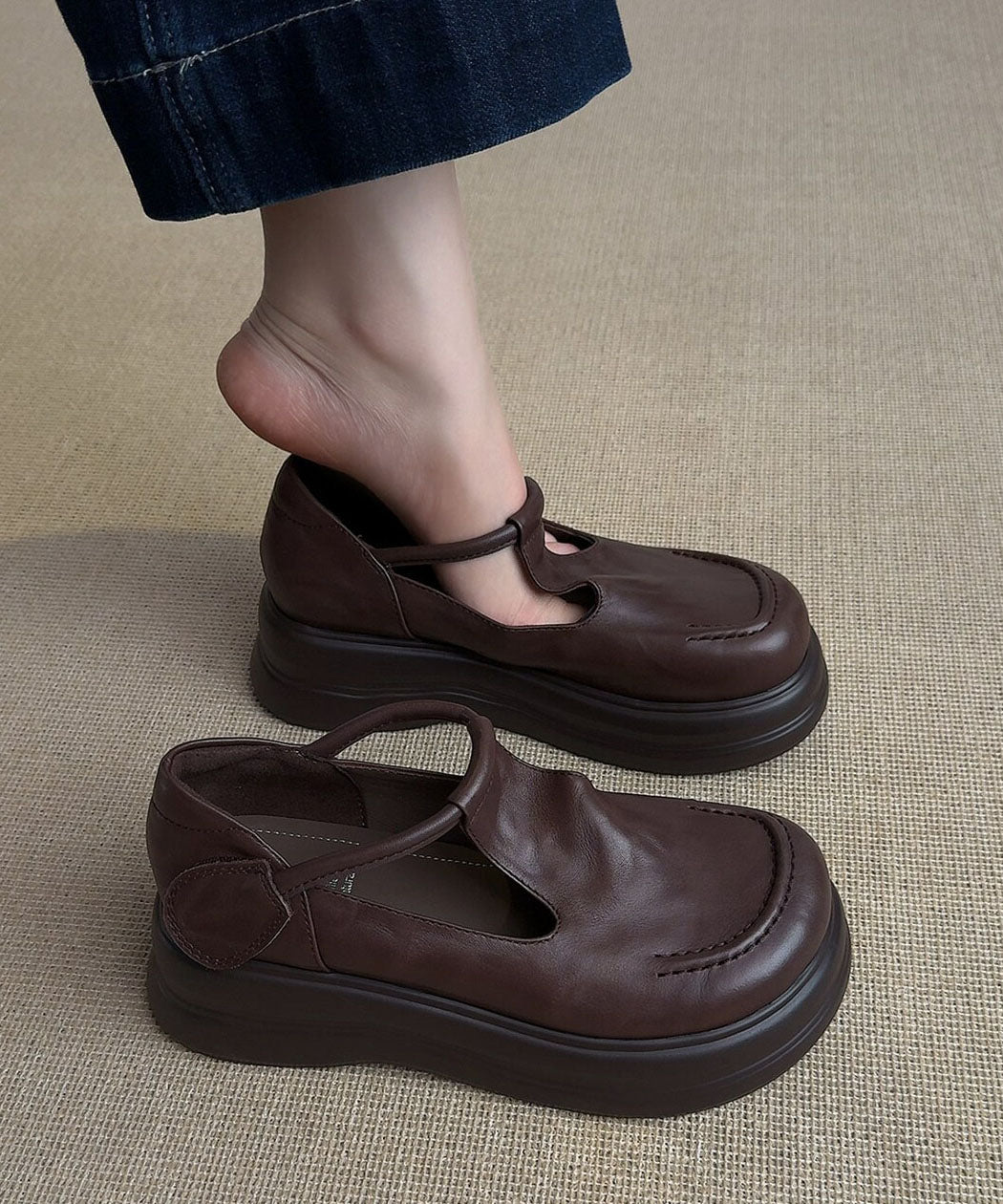 Brown Loafers Platform Faux Leather Art Buckle Strap Flat Feet Shoes