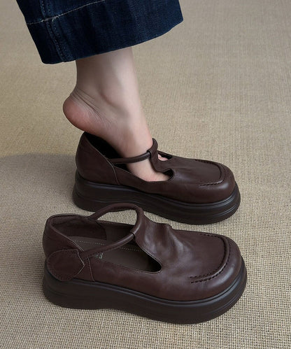 Brown Loafers Platform Faux Leather Art Buckle Strap Flat Feet Shoes