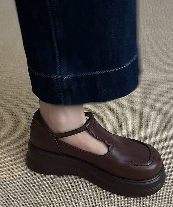 Brown Loafers Platform Faux Leather Art Buckle Strap Flat Feet Shoes