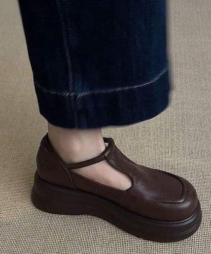 Brown Loafers Platform Faux Leather Art Buckle Strap Flat Feet Shoes