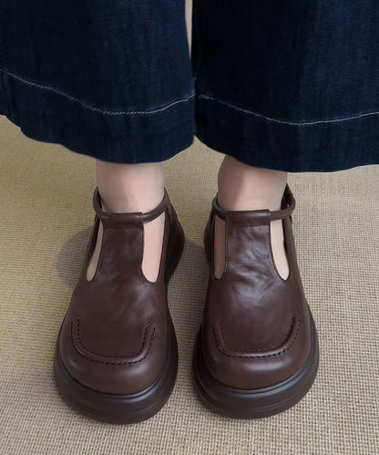Brown Loafers Platform Faux Leather Art Buckle Strap Flat Feet Shoes