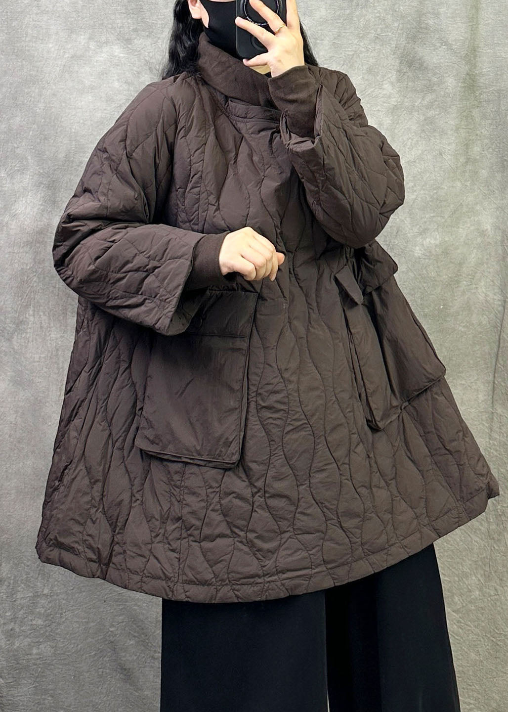 Brown Loose Duck Down Filled A Line Pullover Coats Oversized Pockets Winter