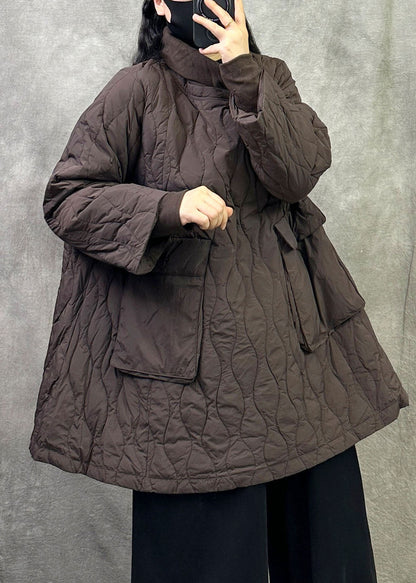 Brown Loose Duck Down Filled A Line Pullover Coats Oversized Pockets Winter