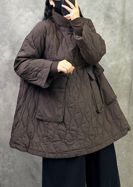 Brown Loose Duck Down Filled A Line Pullover Coats Oversized Pockets Winter