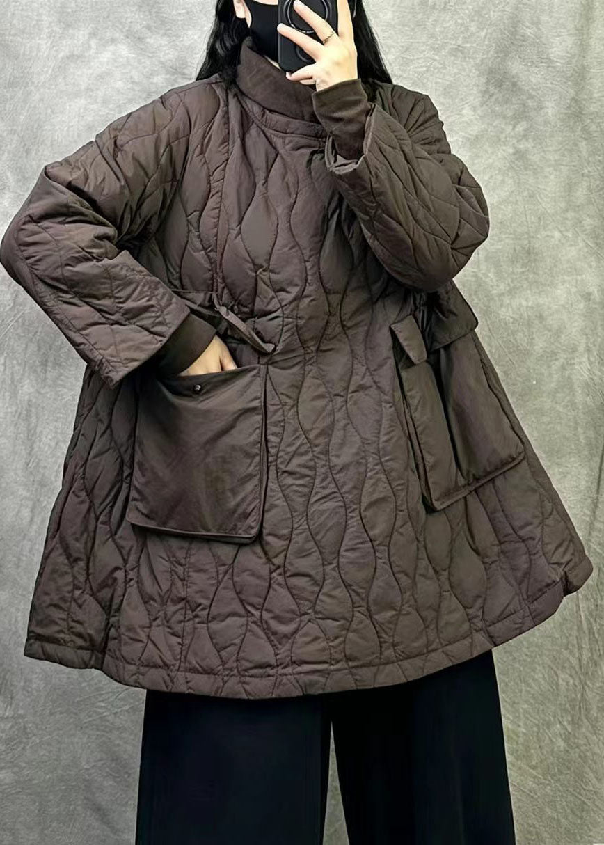 Brown Loose Duck Down Filled A Line Pullover Coats Oversized Pockets Winter