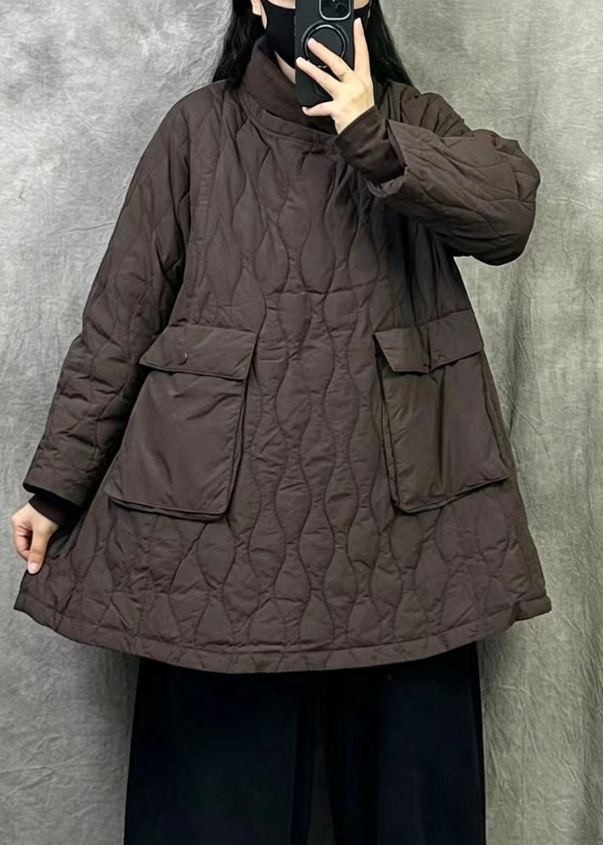 Brown Loose Duck Down Filled A Line Pullover Coats Oversized Pockets Winter