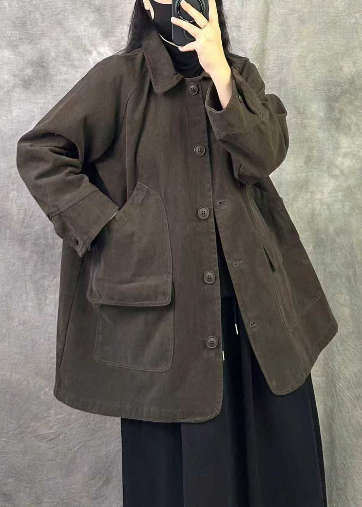 Brown Patchwork Cotton Coat Oversized Pockets Fall