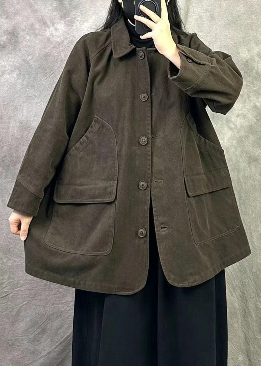Brown Patchwork Cotton Coat Oversized Pockets Fall