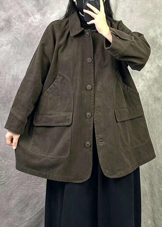 Brown Patchwork Cotton Coat Oversized Pockets Fall