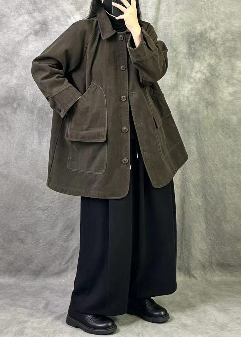 Brown Patchwork Cotton Coat Oversized Pockets Fall