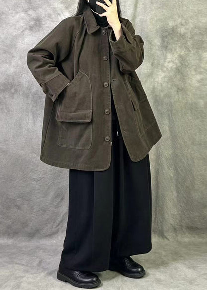 Brown Patchwork Cotton Coat Oversized Pockets Fall