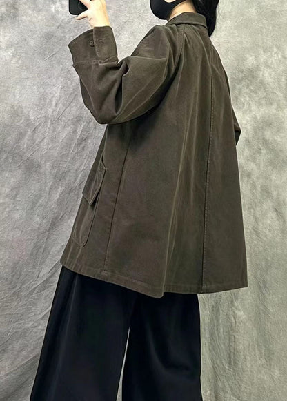 Brown Patchwork Cotton Coat Oversized Pockets Fall