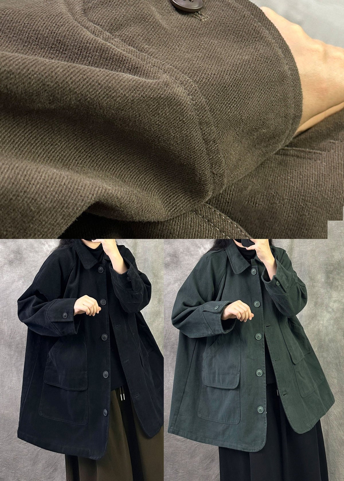 Brown Patchwork Cotton Coat Oversized Pockets Fall