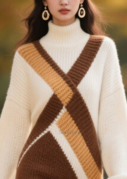 Brown Patchwork Knitwear Dress Turtle Neck Winter