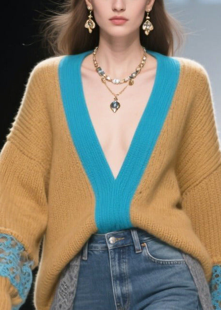 Brown Patchwork Lace Long Sweater Low High Design Winter