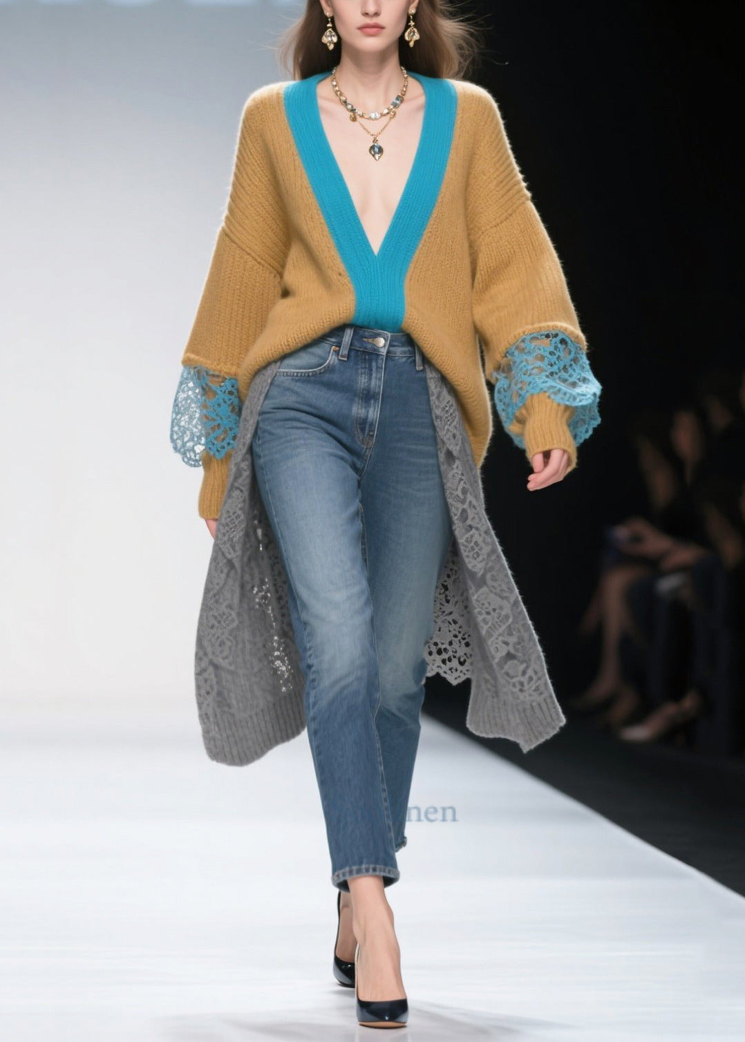 Brown Patchwork Lace Long Sweater Low High Design Winter