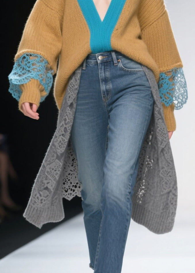 Brown Patchwork Lace Long Sweater Low High Design Winter