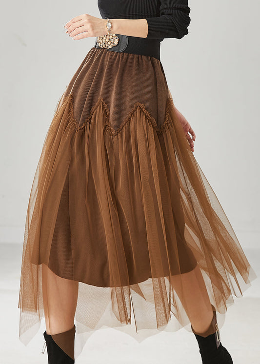 Brown Patchwork Tulle Corduroy Skirt Elastic Waist Spring