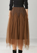 Brown Patchwork Tulle Corduroy Skirt Elastic Waist Spring