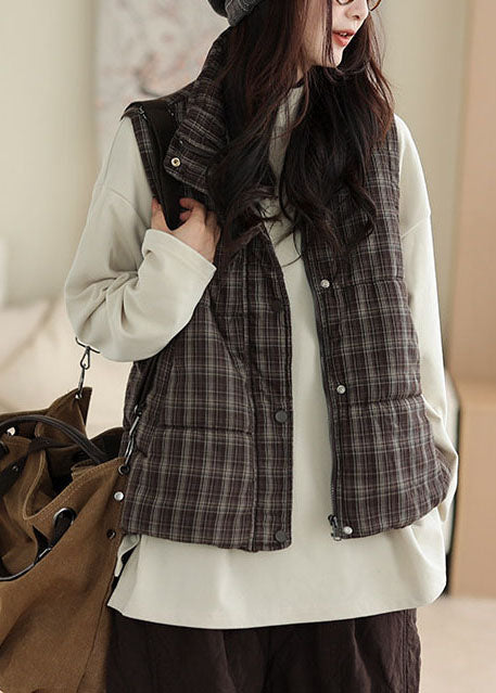 Brown Plaid Fine Warm Cotton Filled Puffer Vest Winter