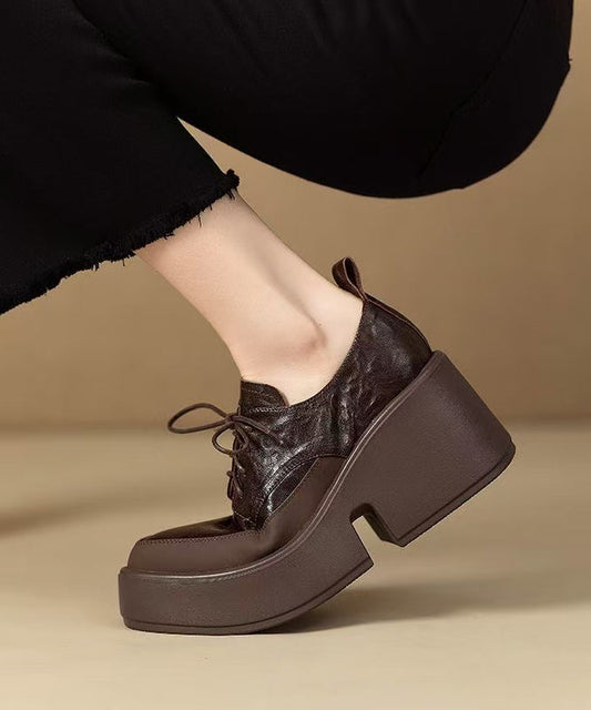 Brown Platform Sheepskin Soft Splicing Lace Up Pointed Toe