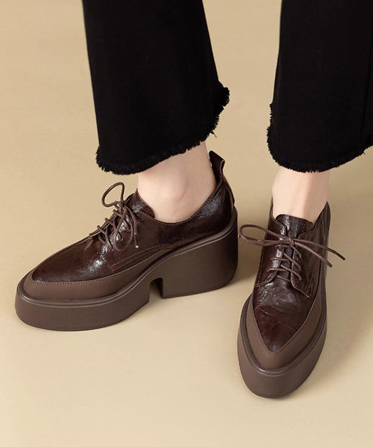 Brown Platform Sheepskin Soft Splicing Lace Up Pointed Toe