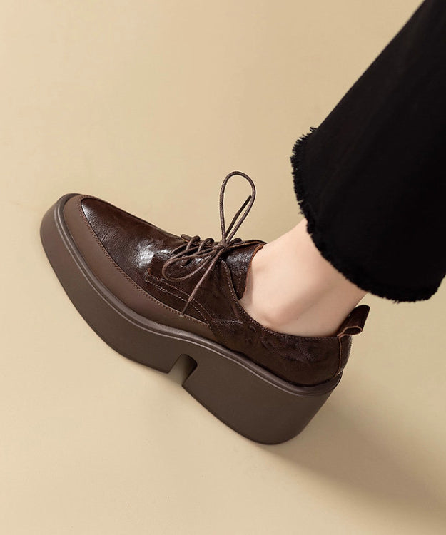 Brown Platform Sheepskin Soft Splicing Lace Up Pointed Toe