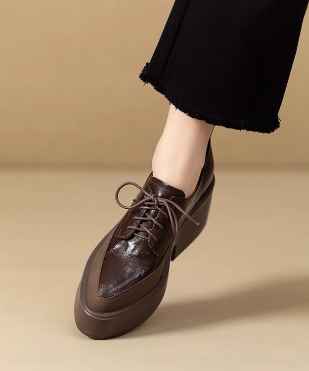 Brown Platform Sheepskin Soft Splicing Lace Up Pointed Toe