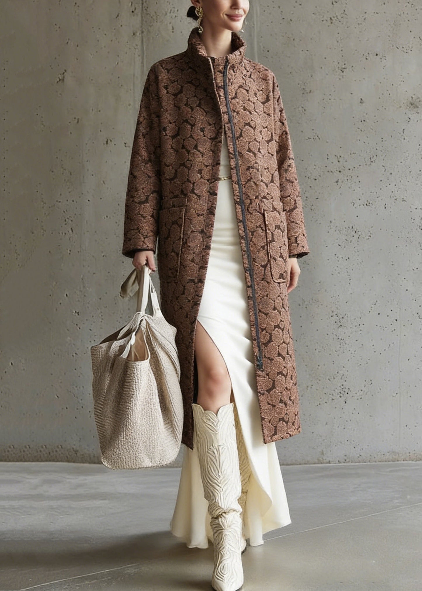 Brown Pockets Jacquard Cotton Filled Long Coats Zip Up