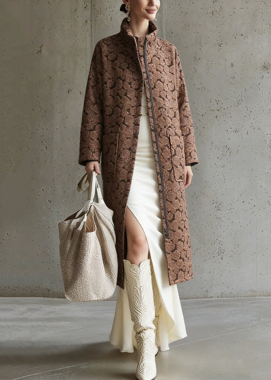 Brown Pockets Jacquard Cotton Filled Long Coats Zip Up
