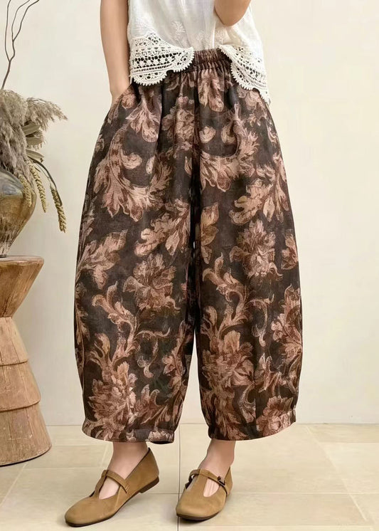 Brown Pockets Print Harem Crop Pants Draping High Waist Summer