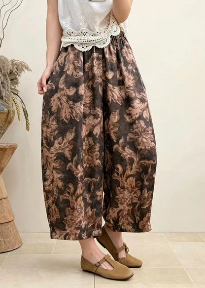 Brown Pockets Print Harem Crop Pants Draping High Waist Summer
