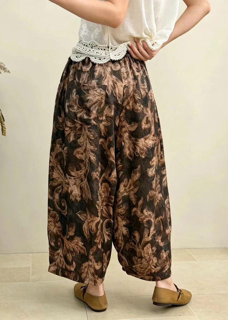 Brown Pockets Print Harem Crop Pants Draping High Waist Summer