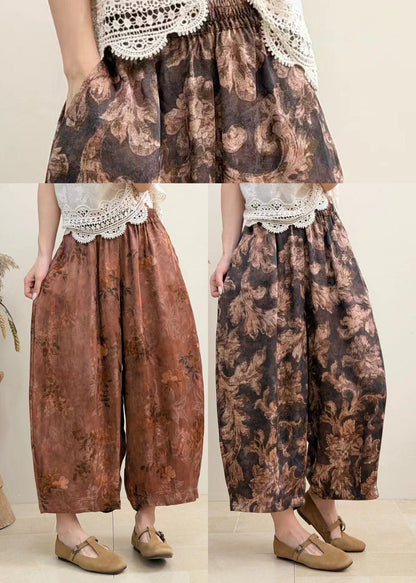 Brown Pockets Print Harem Crop Pants Draping High Waist Summer