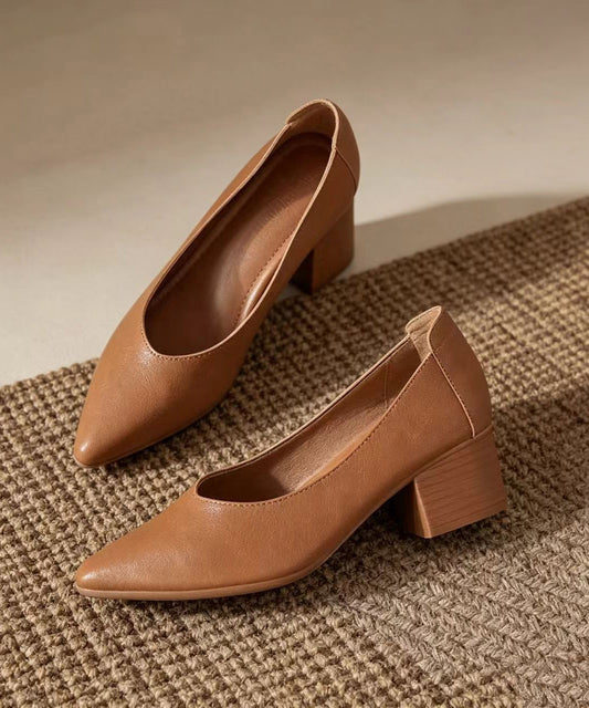 Brown Pointed Toe Faux Leather Low-Cut Chunky High Heels