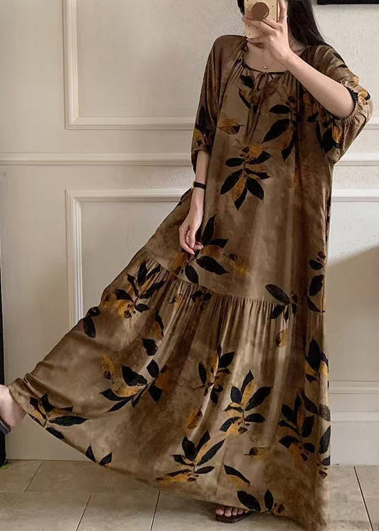 Brown Prin Lace Up Cotton Summer Pajamas Maxi Dress O Neck